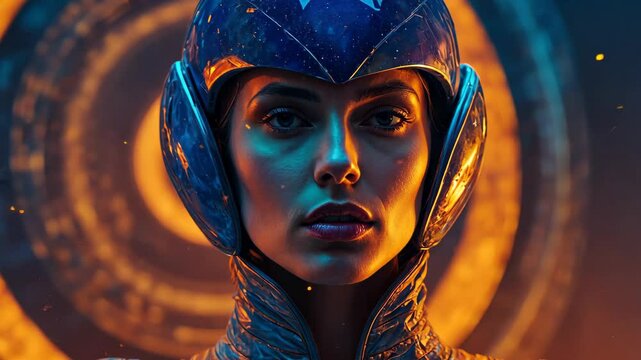 Futuristic woman in fantasy surreal style on a unknown planet in orange and blue colors	
