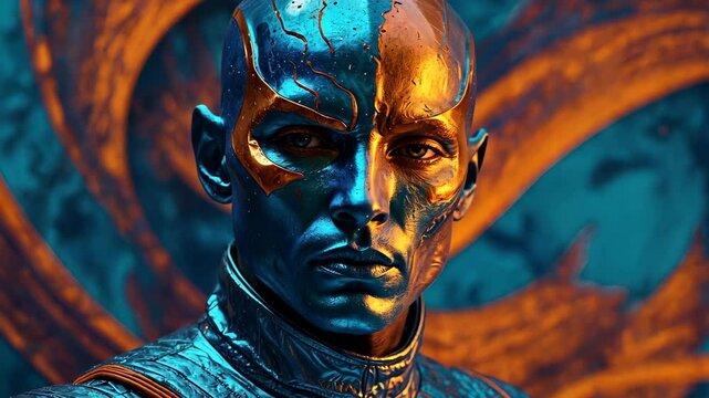 Futuristic man in fantasy surreal style on a unknown planet in orange and blue colors	
