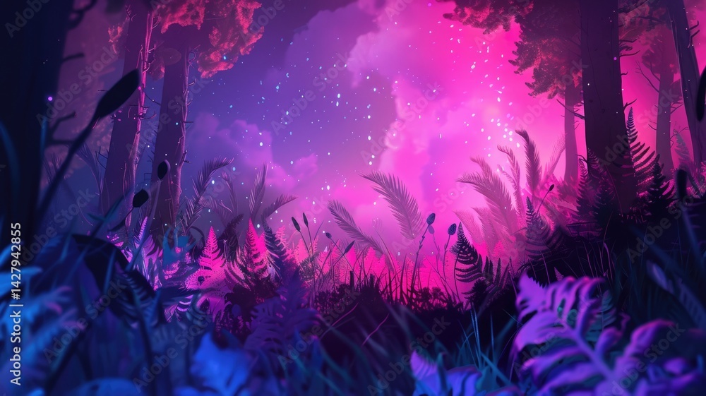 Poster discover a vibrant digital background ideal for avatar creation, featuring a colorful forest scene w