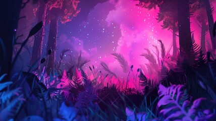 Fototapeta premium Discover a vibrant digital background ideal for avatar creation, featuring a colorful forest scene with ethereal light and lush flora. Perfect for artistic projects.