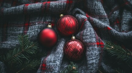 Christmas ornaments on plaid blanket