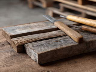 Weathered wooden planks with carving tools on rustic table