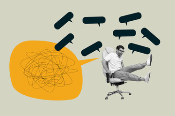 Metaphor collage of person stand with big messy mind clouds on pastel background
