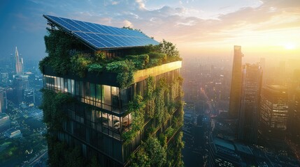 rendering of a building with a solar array on top of it, in an eco city