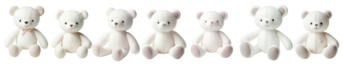 Row of seven pristine teddy bear plush toys