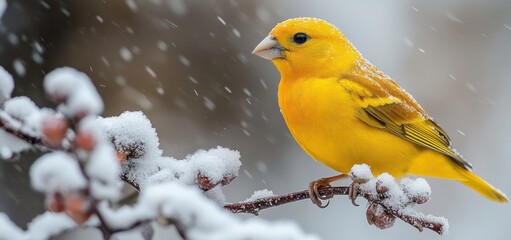 Fototapeta premium Serene Yellow Bird in Winter Wonderland