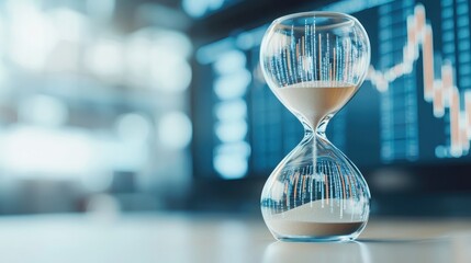 A close-up of an hourglass with flowing sand, set against a blurred background of financial graphs, symbolizing time and productivity in business.