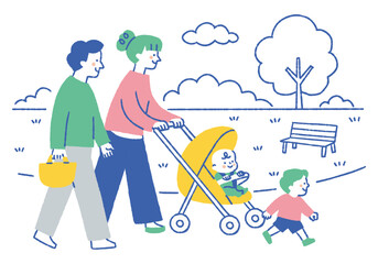 Family pushing a stroller in a park for a walk_Color