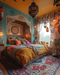 Cozy Boho Bedroom with Ambient Lighting, Bright modern Bohemian bedroom. Eco friendly furniture is ideal for interior design presentations, home decor ideas and lifestyle blogs.