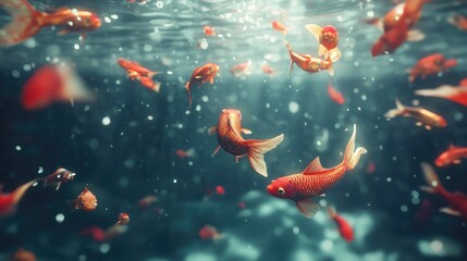 there are many goldfish swimming in the water with a lot of fish, floating goldfish © MDRifat