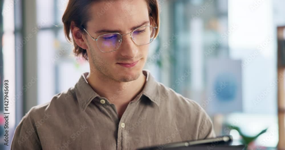 Poster business, tablet and man in office, internet and creative with project, connection and website info.