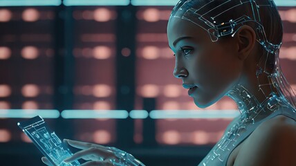A futuristic woman interacting with a holographic device in a high tech environment scene setting