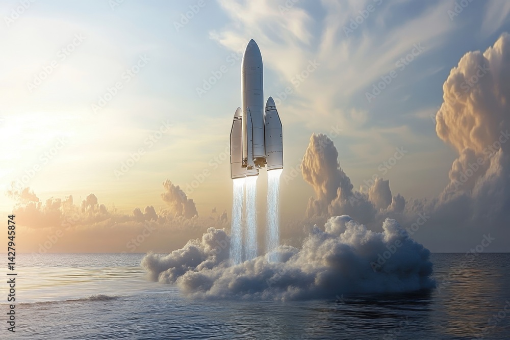 Poster launch of a space rocket at dawn over the ocean with clouds in the background