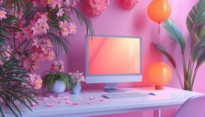 3D Floral Workstation with Computer and Lanterns in Pink Tropical Interior
