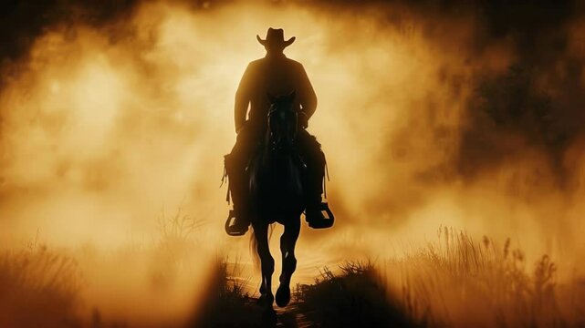 Silhouette of Cowboy on Horseback Amidst Dramatic Misty Sunset in a Wilderness Scene