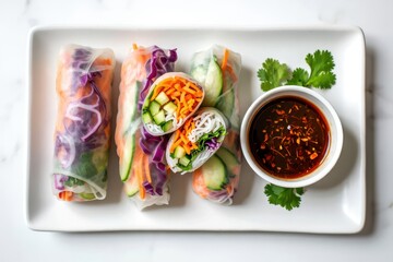 Vegetarian vietnamese spring rolls with spicy sauce, carrot, cucumber, red cabbage and rice noodle. Vegan food. Tasty meal.  Copy space