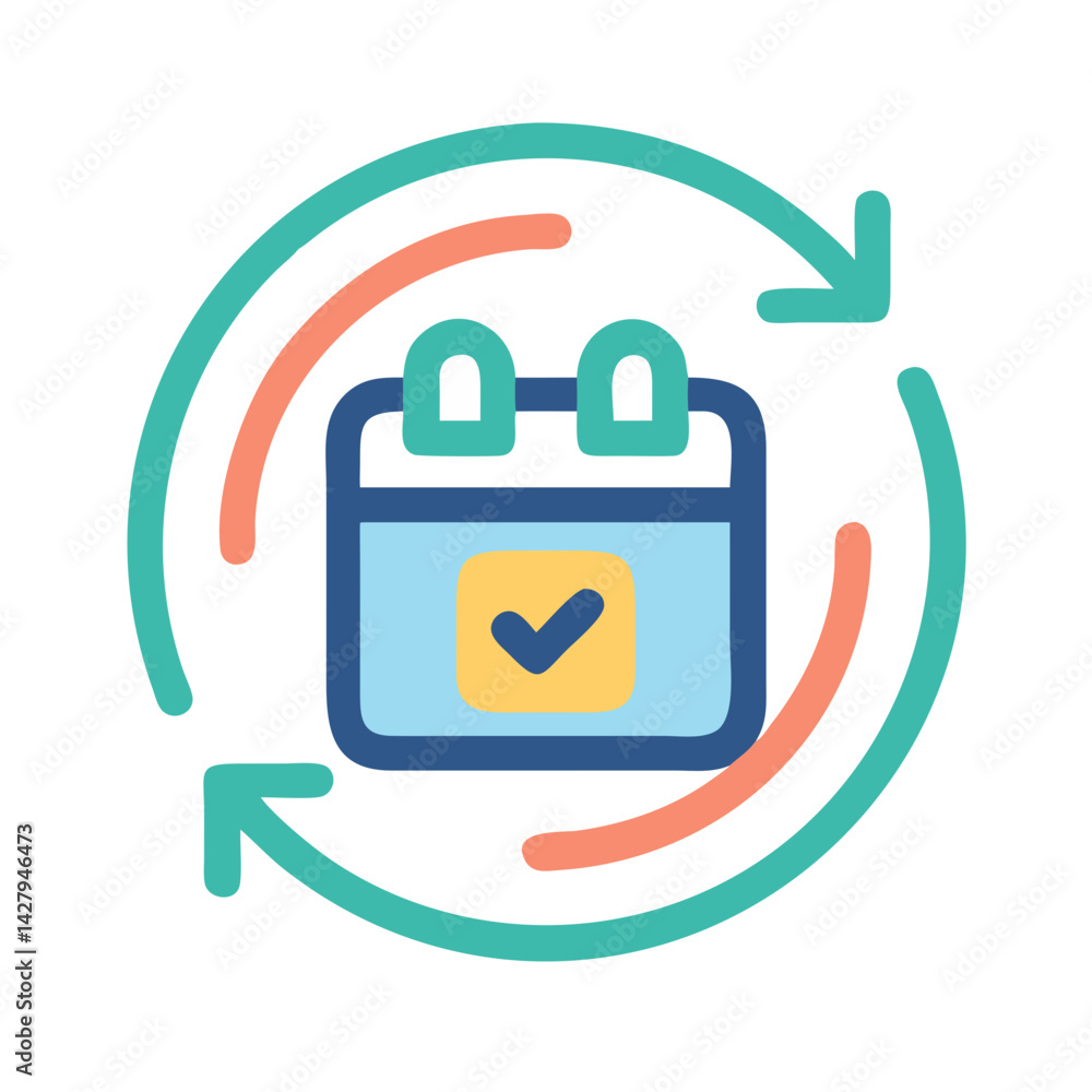 Poster recurring event calendar icon with check mark and arrow cycle