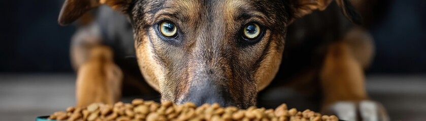 Hungry dog in dry foods mound licking feast concept. A focused dog eagerly watching its food in a cozy environment.