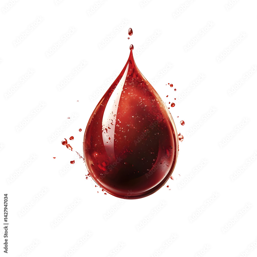 Poster a large vivid red liquid droplet falling and splashing dramatically against a stark white background