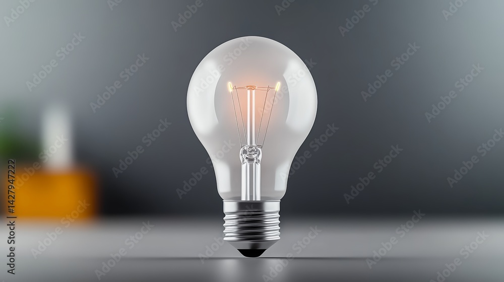 Poster light bulb is lit up and is sitting on a table. the light bulb is the main focus of the image and it