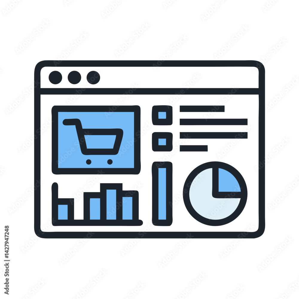 Poster e-commerce analytics dashboard icon with shopping cart, pie chart and bar graph