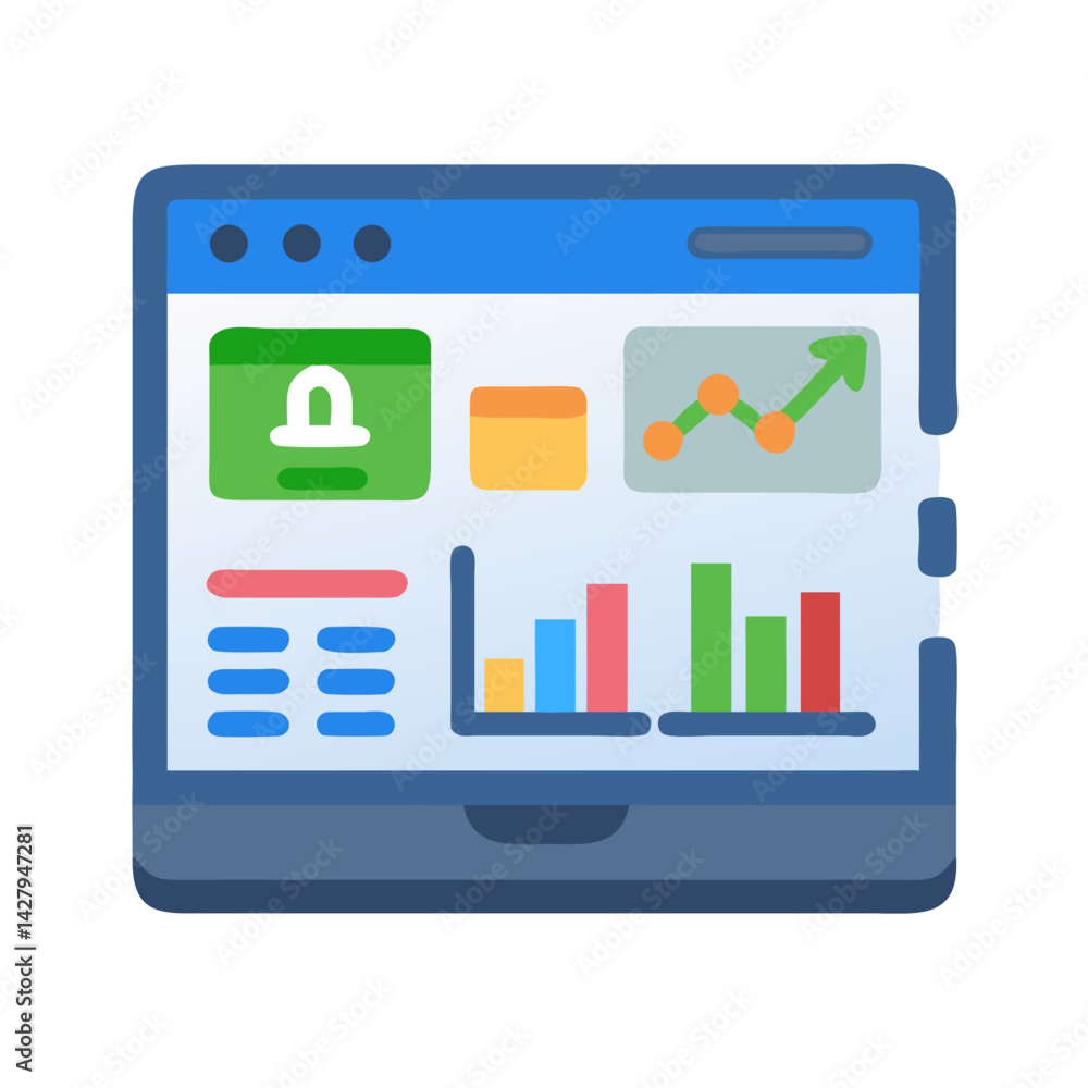 Poster dashboard illustration with analytics, charts and data on a tablet screen