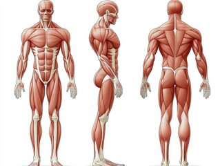 Male anatomical illustration showing muscle structure from front, side, and back views.