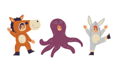 Playful and Colorful Costumed Characters Horse, Octopus, and Bunny for Everyone