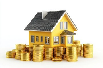Yellow house model surrounded by stacks of coins on white background