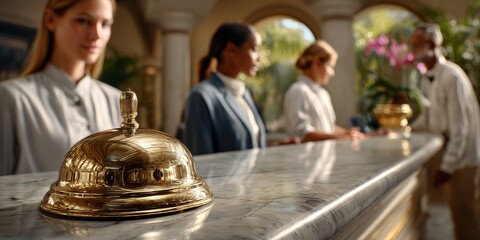 Golden service bell on marble counter in prestigious hotel lobby