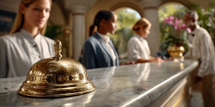 Golden service bell on marble counter in prestigious hotel lobby