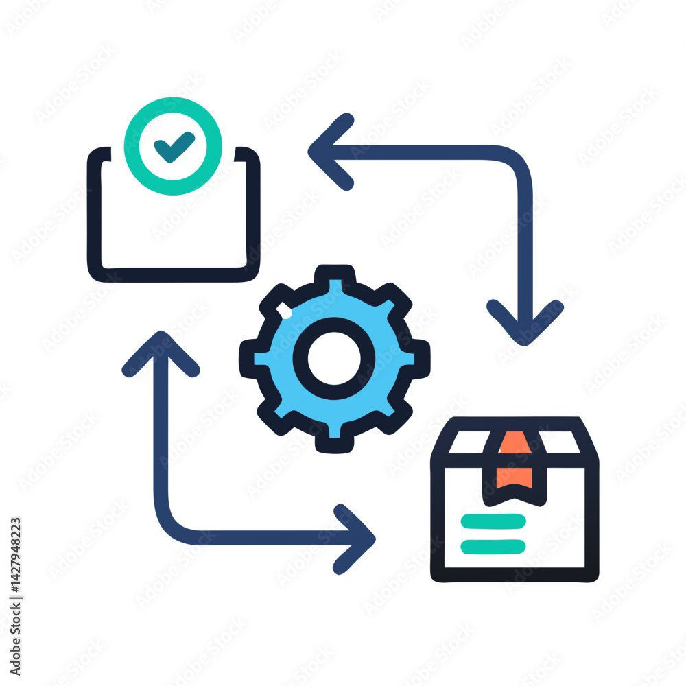 Poster workflow automation with gear, arrows, checkmark, and box for efficiency