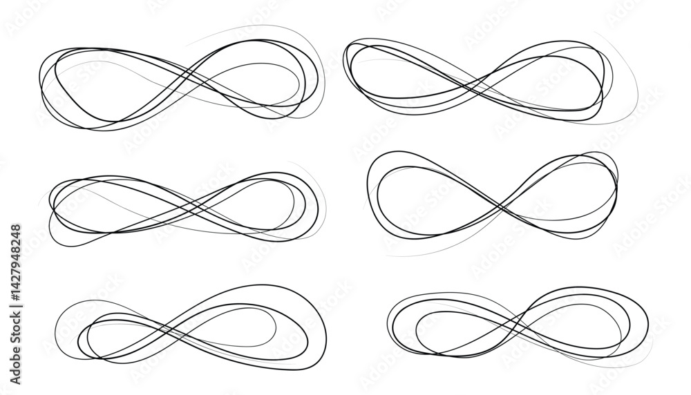 Fototapete Hand drawn infinite scribble set. ornate frames, scroll swirls element. round scribbles. hand draw continuous line. sketch vector drawing
