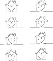 One Line Drawing House with Heart,    Home Sweet Home Illustrations vector  illustration on  white background, minimalist continuous line art illustrations of houses with hearts. Perfect for home dec
