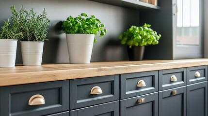 Fototapeta premium Modern kitchen cabinetry with fresh herbs displayed on a wooden countertop.