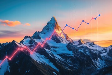 Mountain Peak Growth: A majestic mountain range at sunset, overlaid with a vibrant upward trending graph symbolizing growth, progress, and reaching the summit of success.