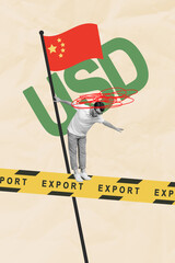 3D collage trend artwork composite sketch poster of usd young man balance export chinese flag...