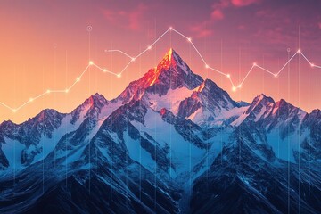 Mountain Peak Growth: A majestic mountain range at sunset, overlaid with a vibrant upward trending graph symbolizing growth, progress, and reaching the summit of success.