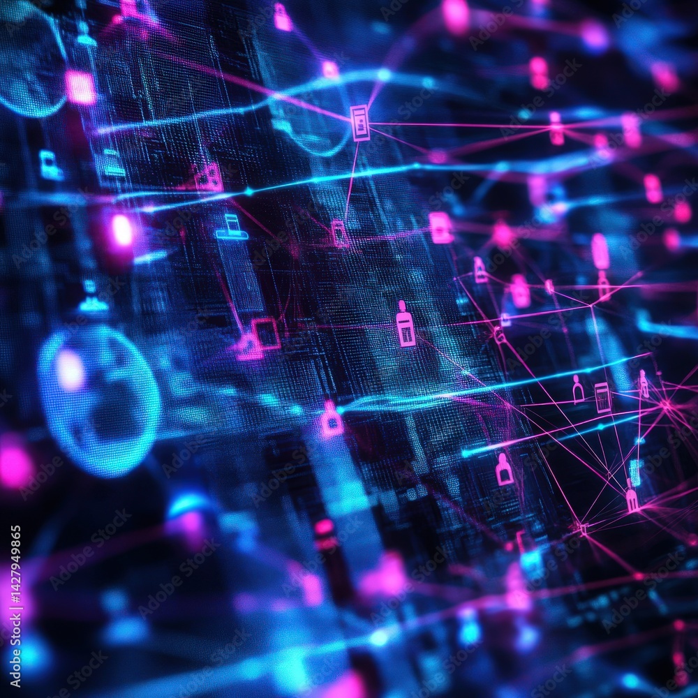 Poster abstract network of interconnected data points. intricate digital connections, glowing in vibrant pi