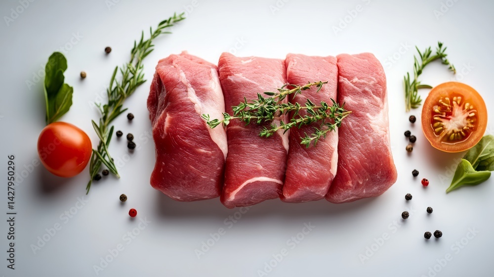 Aufkleber close up of meat with herbs and spices on a white background. the meat is sliced and arranged in a w