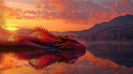 A fierce black dragon with glowing orange eyes and fiery breath stands on a rugged