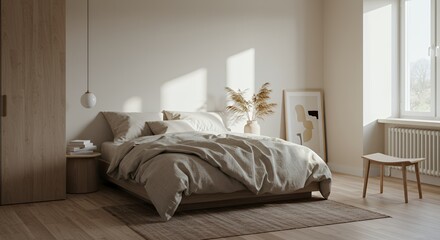 Serene Minimalist Bedroom Design: Sunlight Streaming Through Window, Beige Linen Bedding, Wooden Floors, and Modern Decor