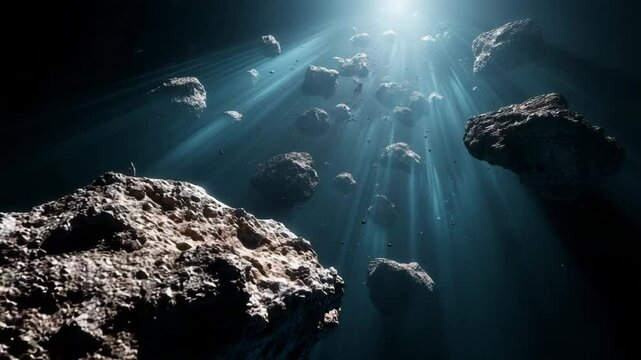 Asteroid Field Sunlight Beams Space Rocks Cosmic Debris Dark Universe, many asteroid scattered clashing each other rays of light illuminating in space, 4k video