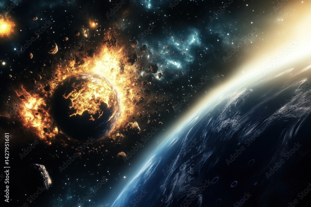 Poster destruction in space as a planet explodes near earth in a cosmic event