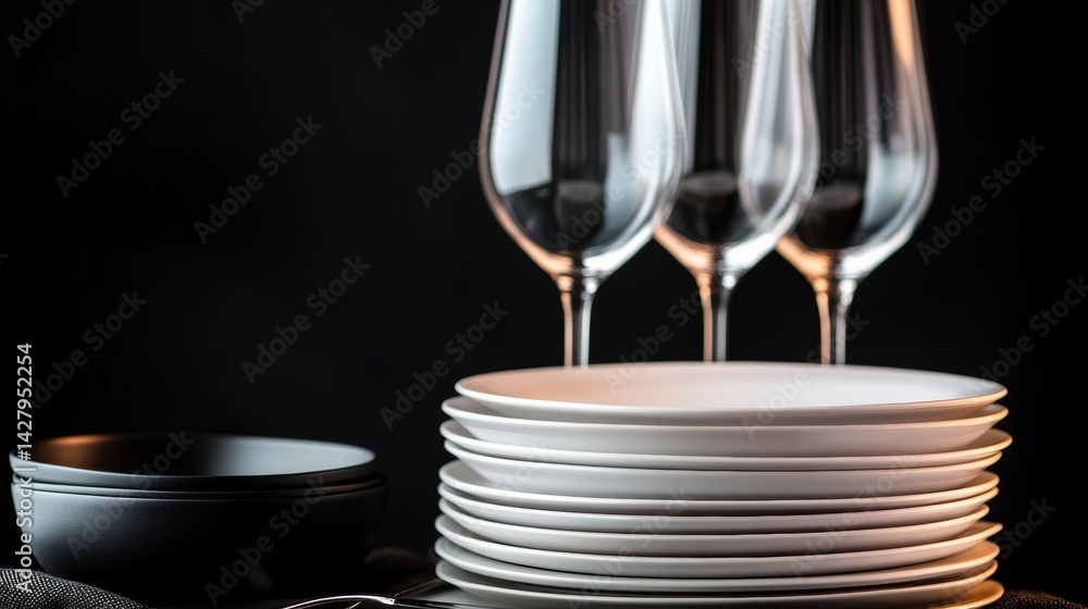 Aufkleber stack of white plates and glasses on a table. the plates are stacked neatly and the glasses are clea