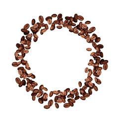 Roasted brown coffee beans round wreath or frame of beans arranged in a circle. Hand drawn illustration
