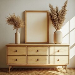 Wooden dresser with framed art, sunlit room