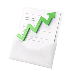 Green arrow showing financial growth on business document in envelope, concept of investment, success, and positive market trend