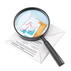 Magnifying glass over financial report and envelope, analyzing business data and investment strategy Concept of auditing, accounting, and market research