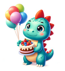 Gift card. Dinosaur with birthday cake and balloons. Birthday celebration. Sticker. Home decor. Birthday card. Created by artificial intelligence.